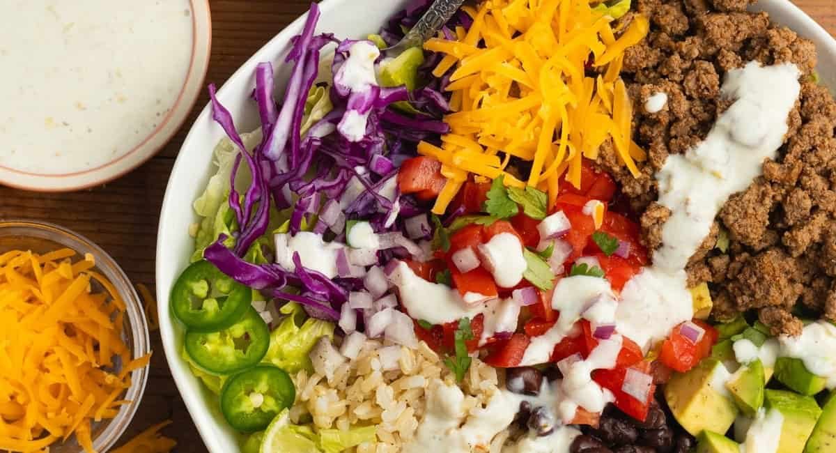 Overhead image of beef taco bowl.