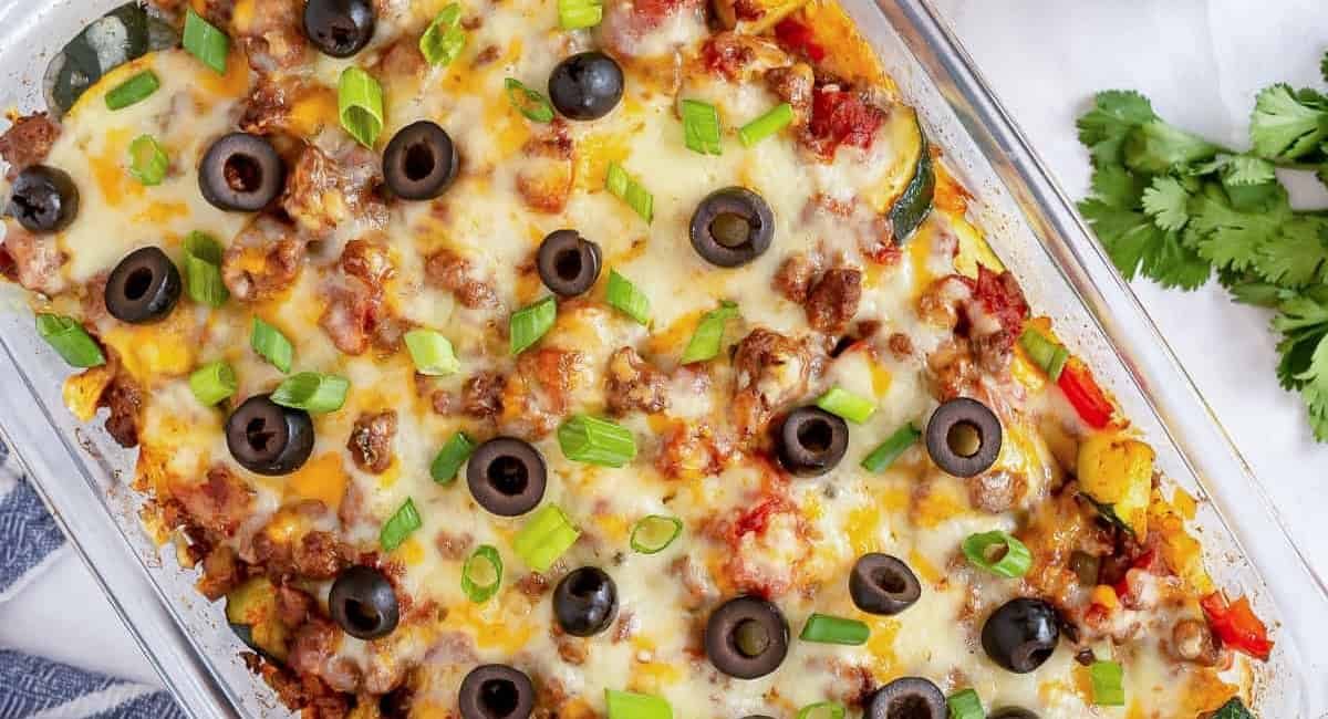 Overhead image of beef and vegetable taco bake.