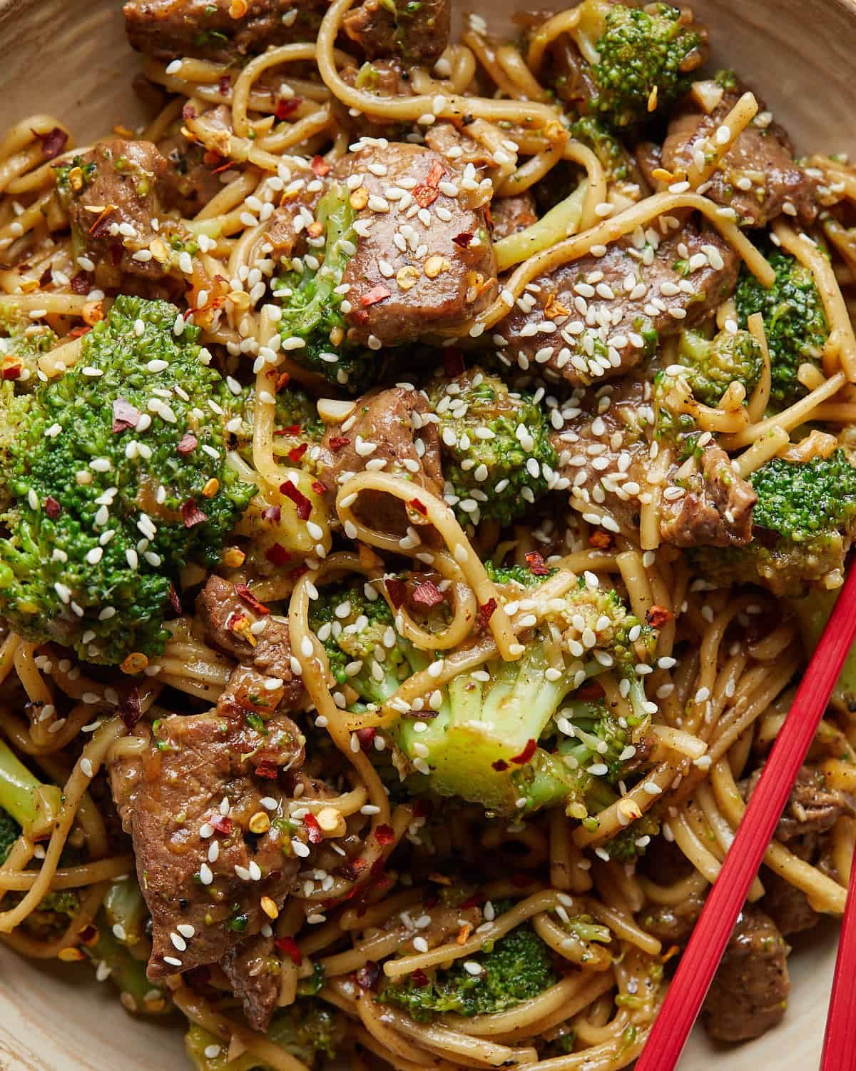 Up close image of beef and broccoli noodles recipe.