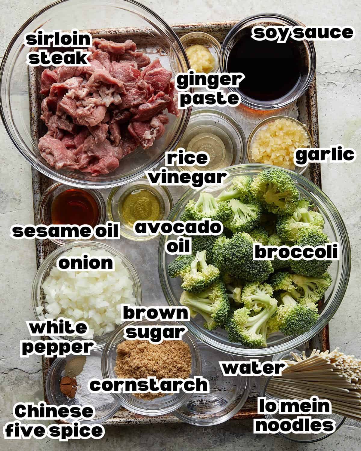 Overhead image of ingredients needed for beef and broccoli noodles recipe.
