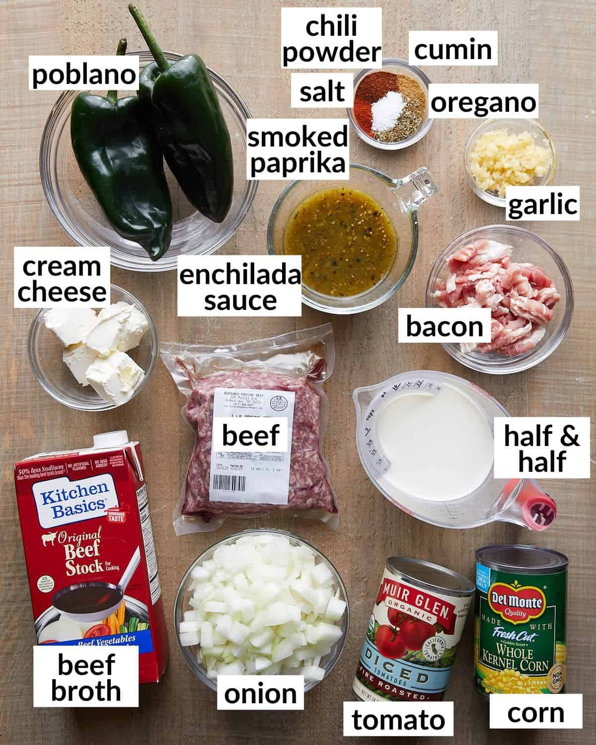 Overhead image of ingredients needed to make beef enchilada soup.