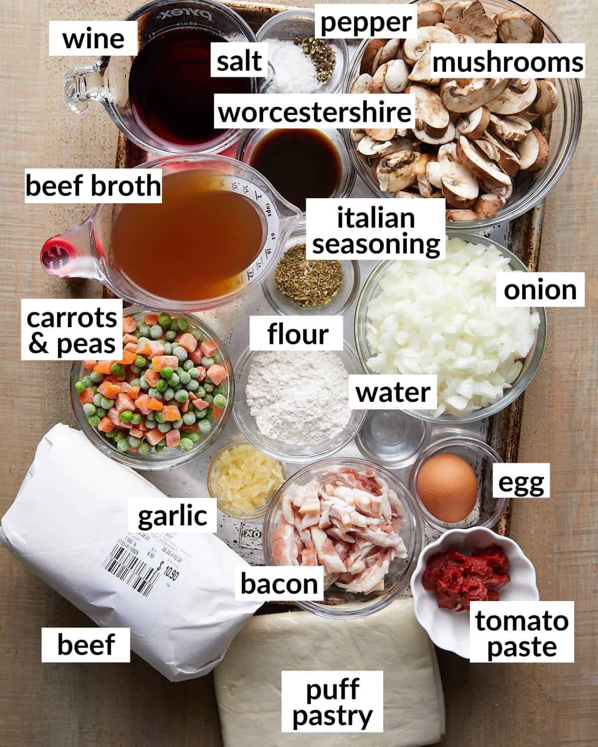 Overhead image of ingredients needed to make beef pot pie with puff pastry.