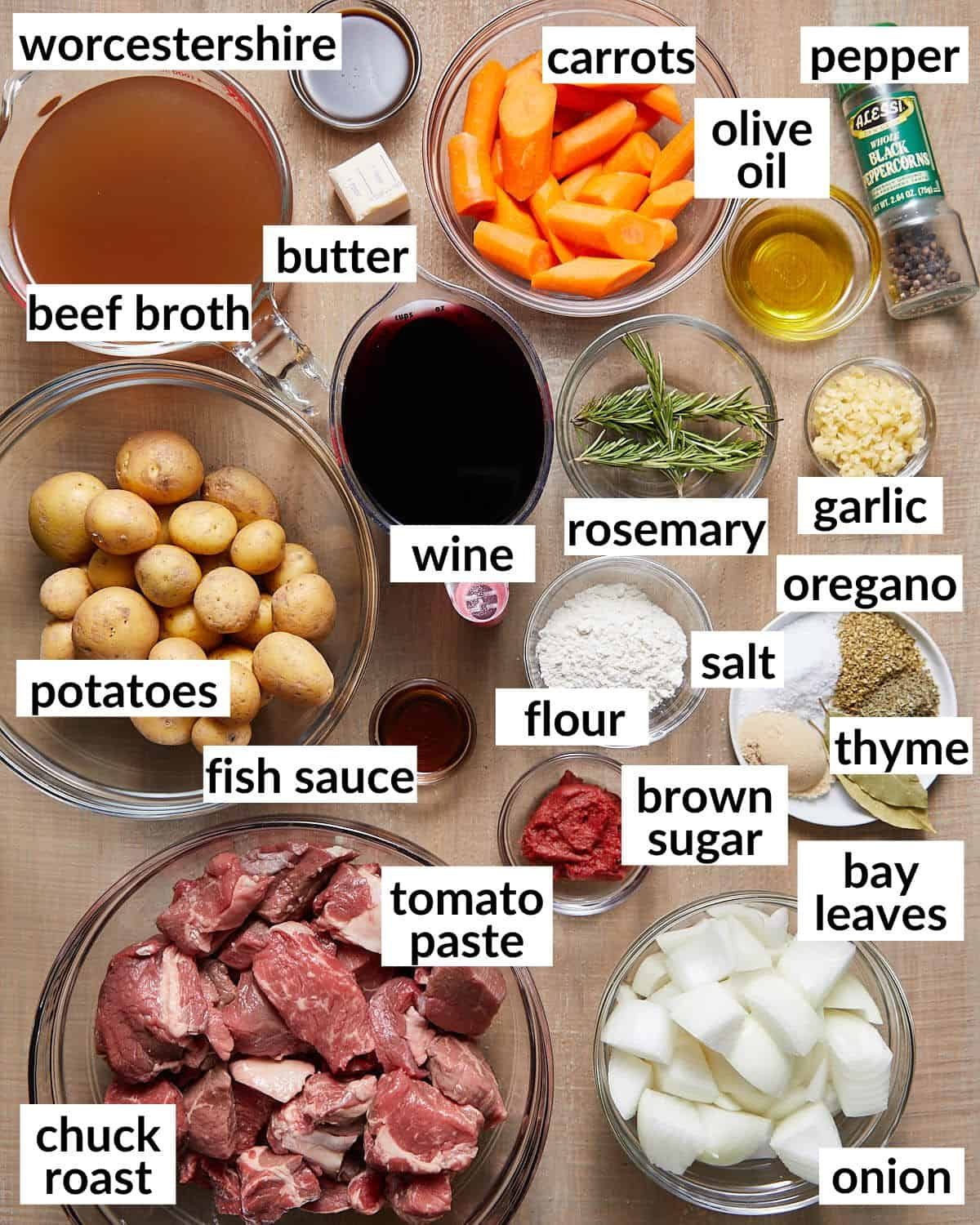 Overhead image of ingredients needed to make dutch oven beef stew.