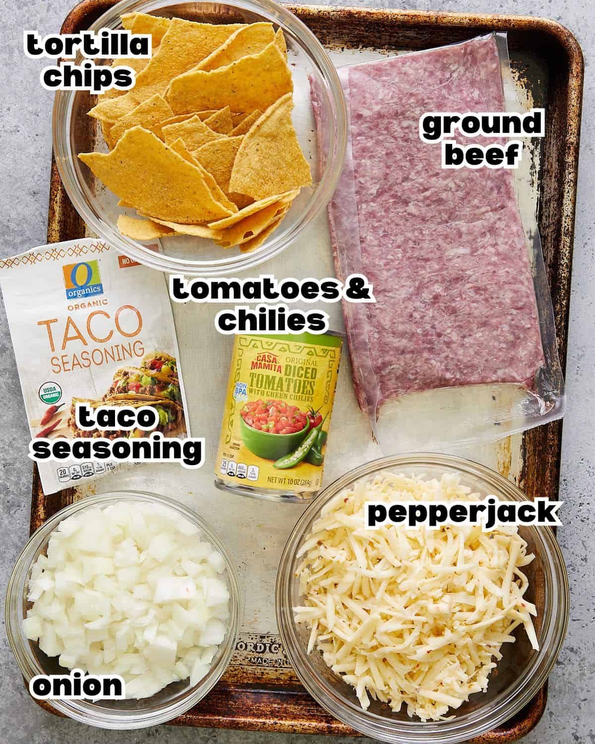 Overhead image of ingredients needed to make beef taco casserole.