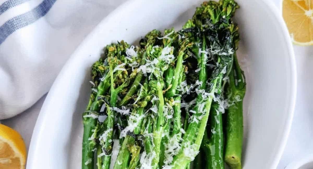 Overhead image of air fryer broccolini recipe.