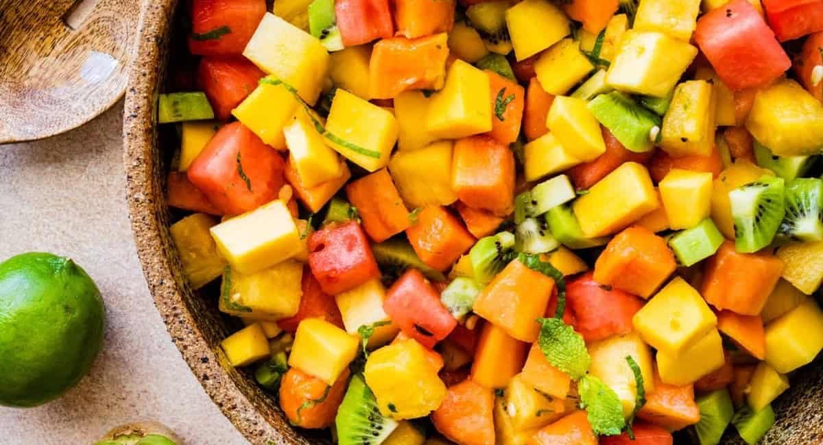 Overhead image of Mexican fruit salad.