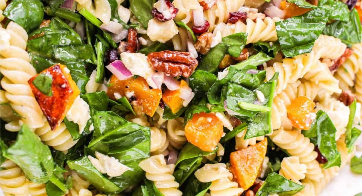 Overhead image of Autumn pasta salad.