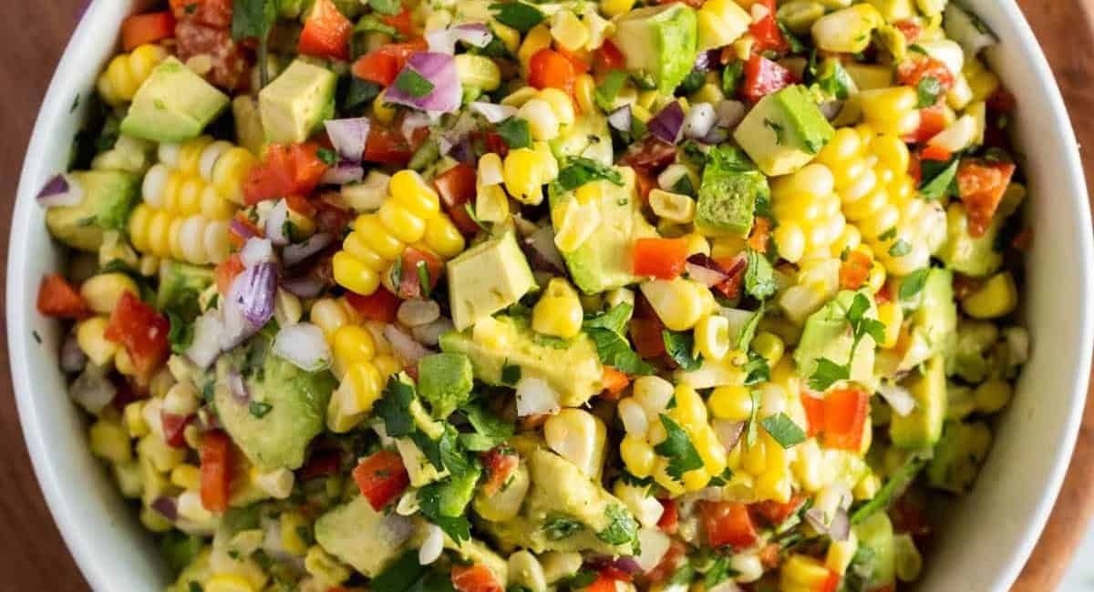 Overhead image of avocado corn salad.