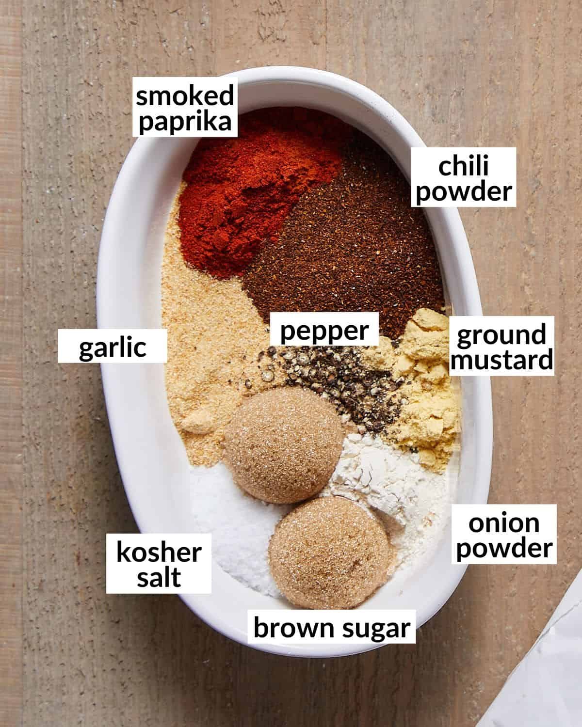 Overhead image of ingredients needed for dry rub for ribs.