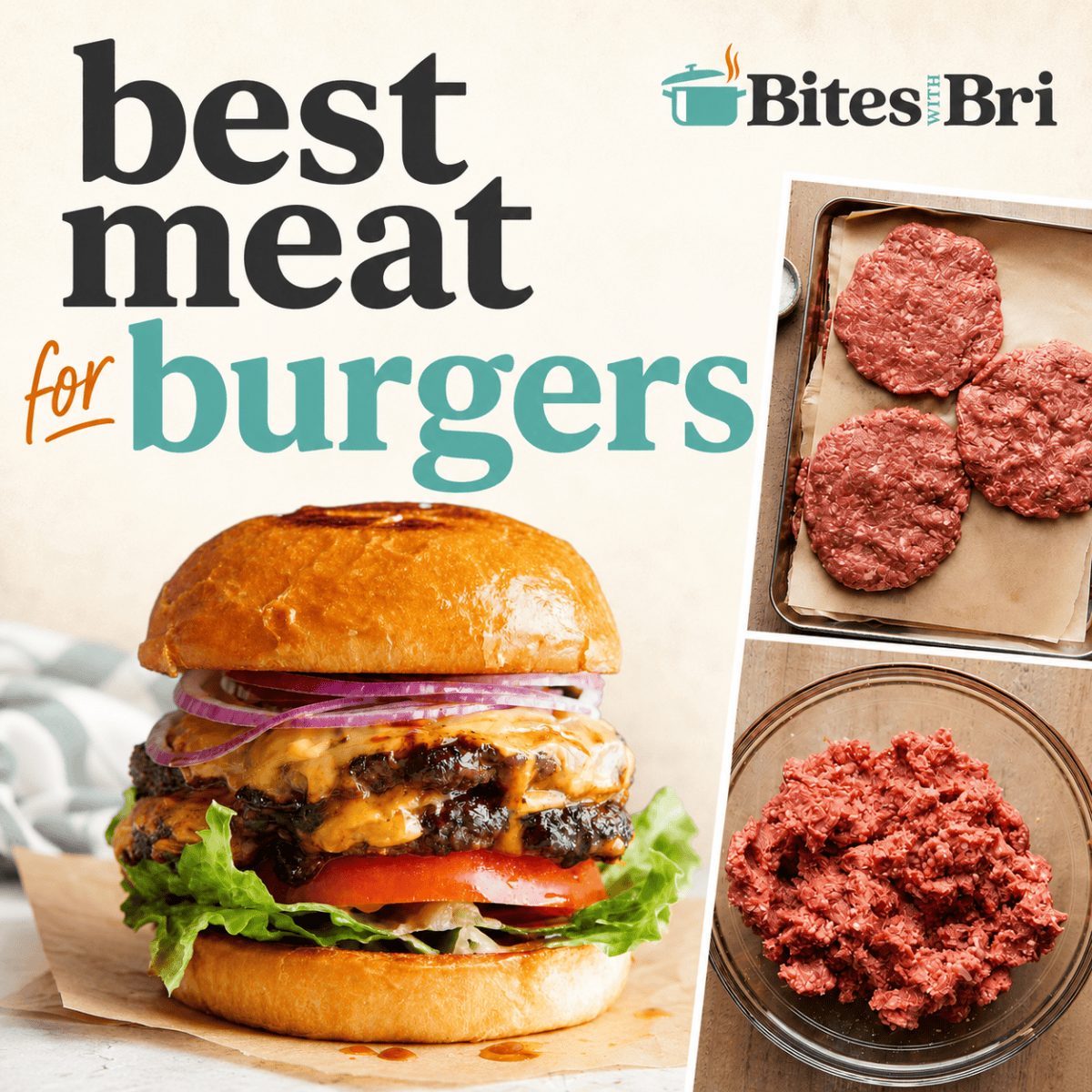 Graphic for “Best Meat for Burgers” showing a juicy cheeseburger, raw burger patties, ground beef in a bowl, and the Kagte logo.