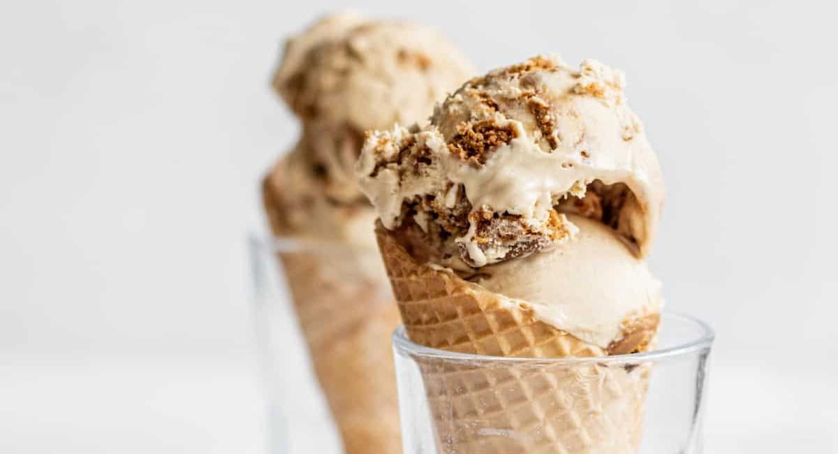Up close image of Biscoff cookie butter ice cream.