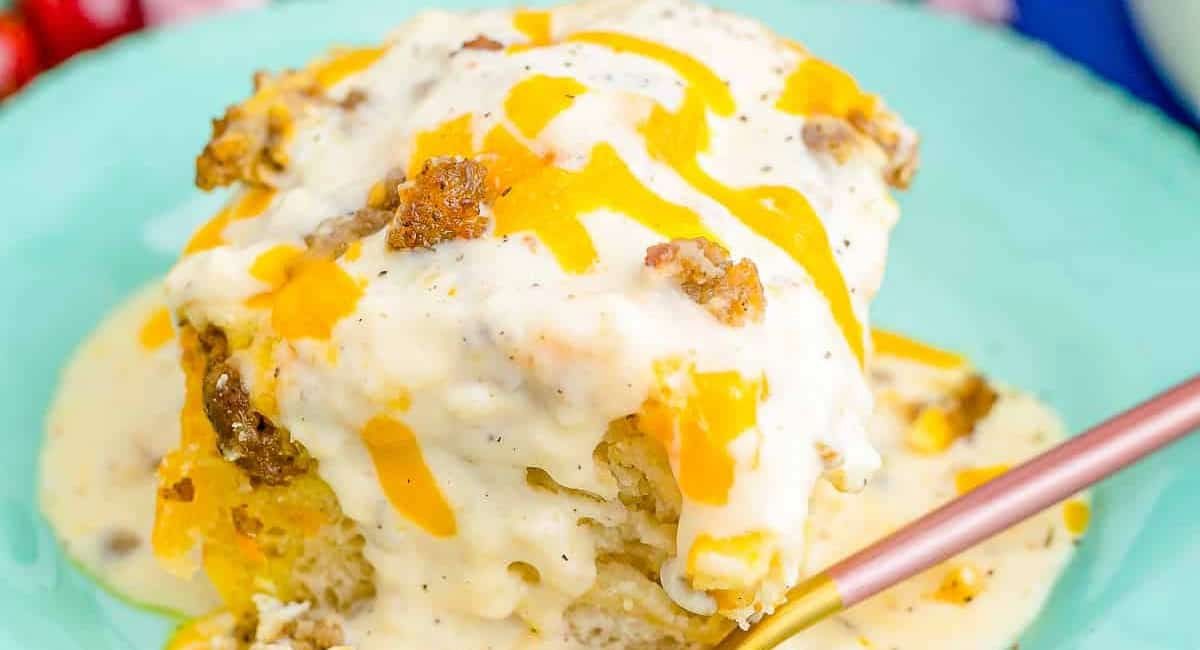 Up close image of biscuits and gravy casserole.