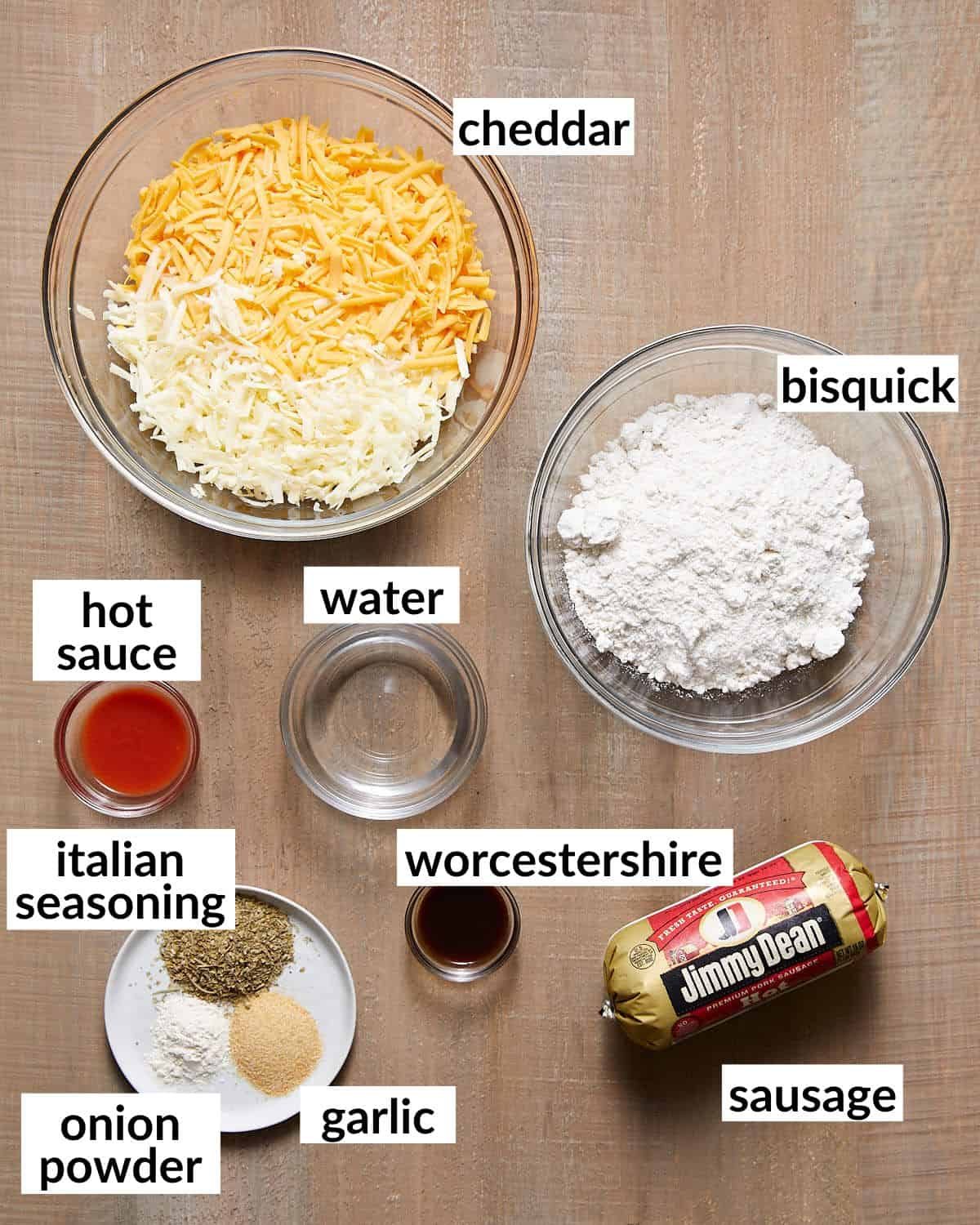 Ingredients needed to make sausage balls with bisquick.