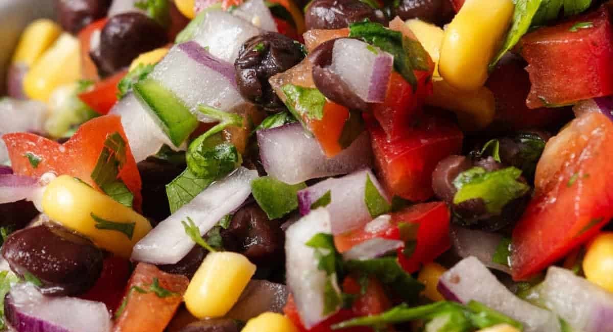 Up close image of black bean and corn salsa.
