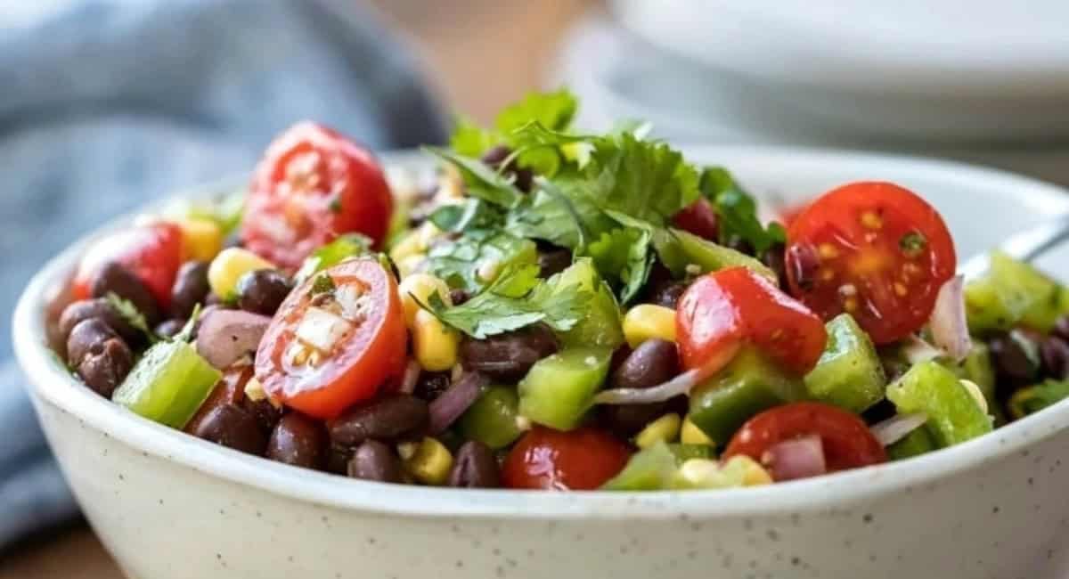Up close image of black bean salad.