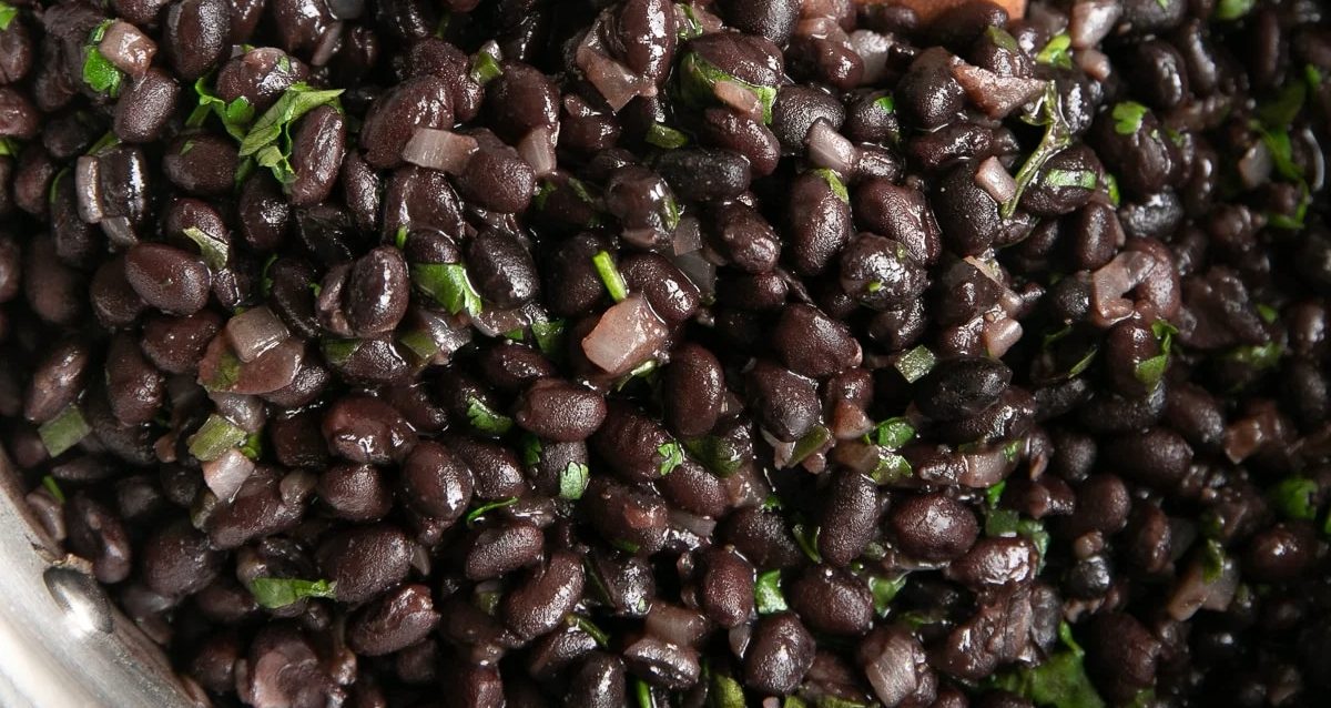 Overhead image of Mexican black beans.