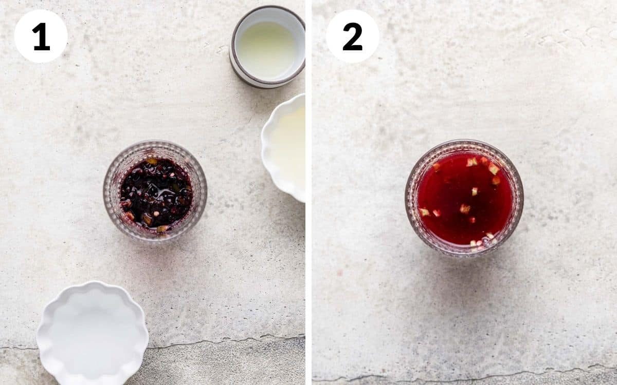 A two photo collage showing the steps for blackberry jalapeno margarita.