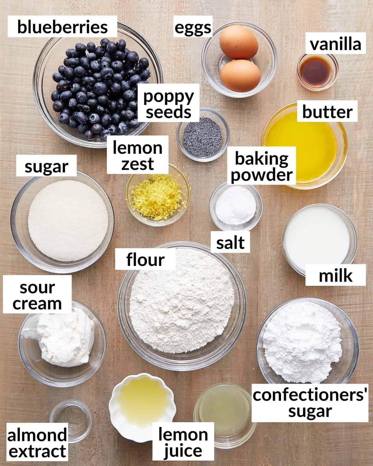 Overhead image of ingredients needed for blueberry lemon poppyseed muffings.