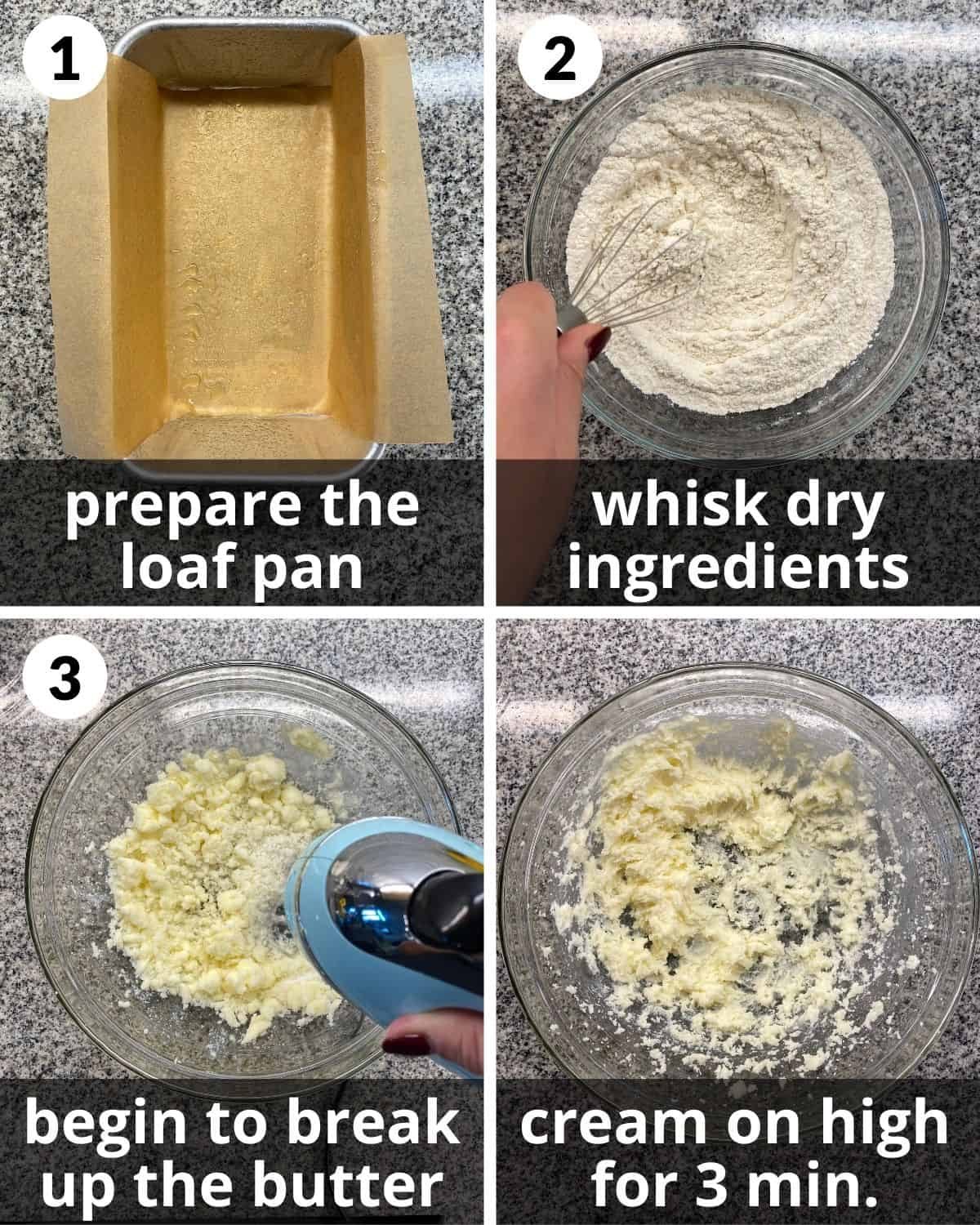 4 photos. Pan greased. Fry ingredients whisked. Butter and sugar creamed.