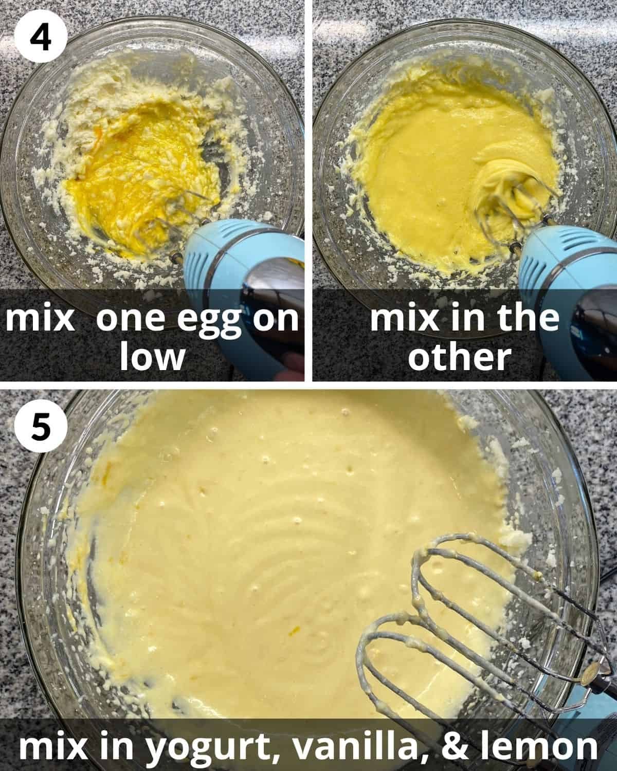 3 photos. One egg added. Other egg added. Smooth yellow mixture in bowl.