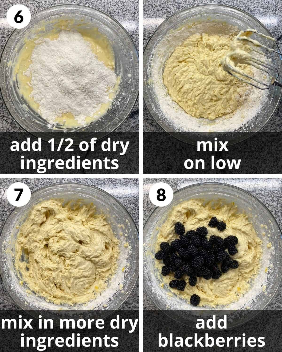 4 photos. Flour added on top. Most of the flour mixed in. More flour mixed in. Blackberried added.