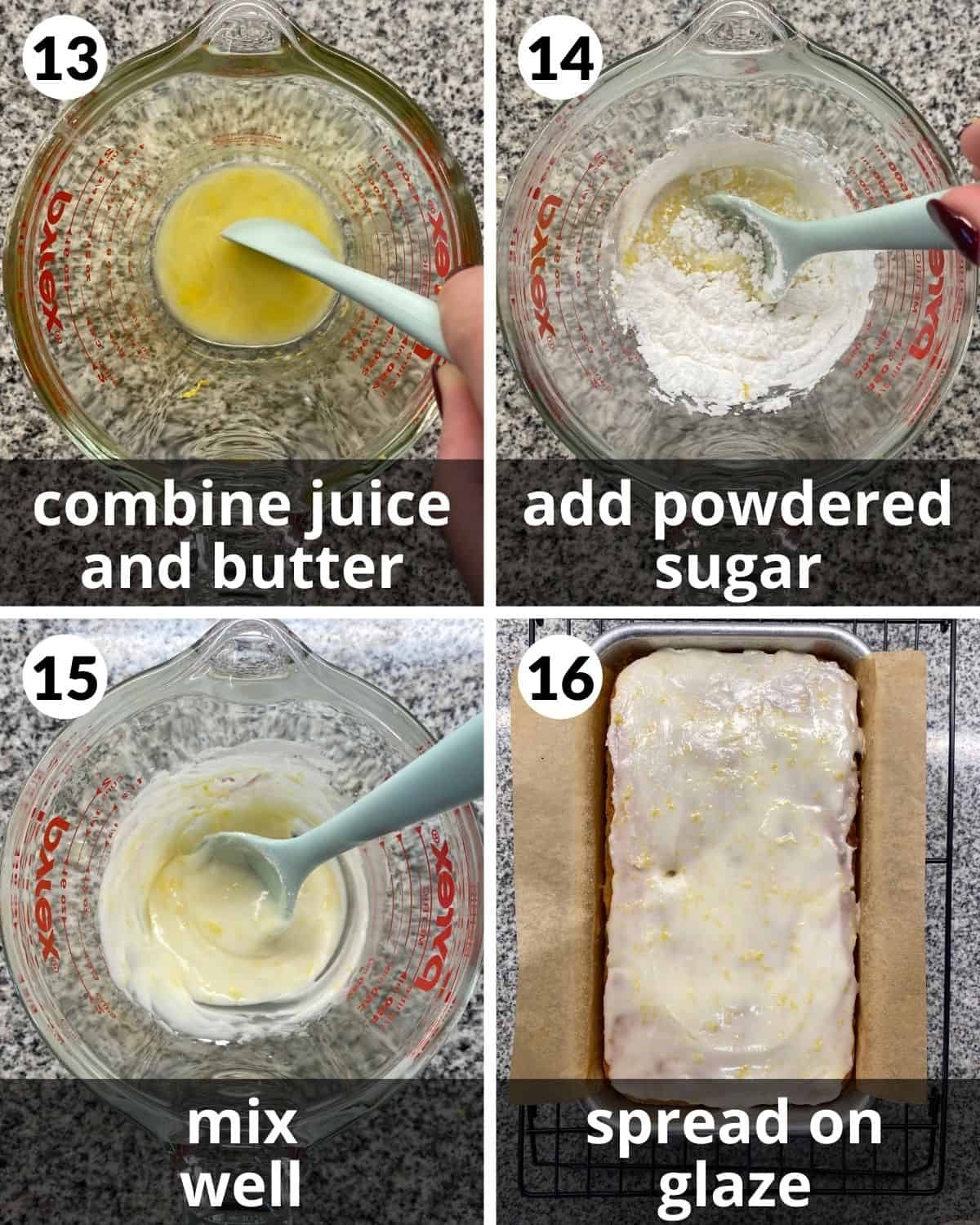 4 photos. Lemon juice and butter combined. Powdered sugar added. Glaze in bowl. Glazed blackberry lemon bread.