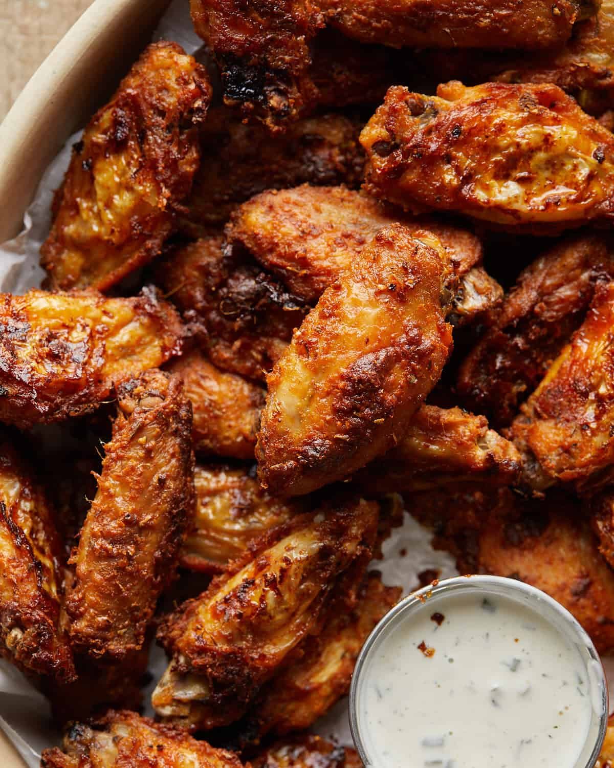 Up close overhead image of blackened wings.