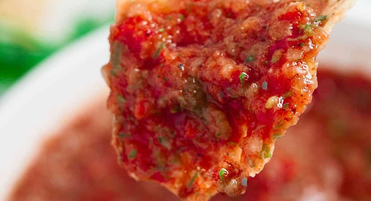 Up close image of blender salsa (restaurant style).