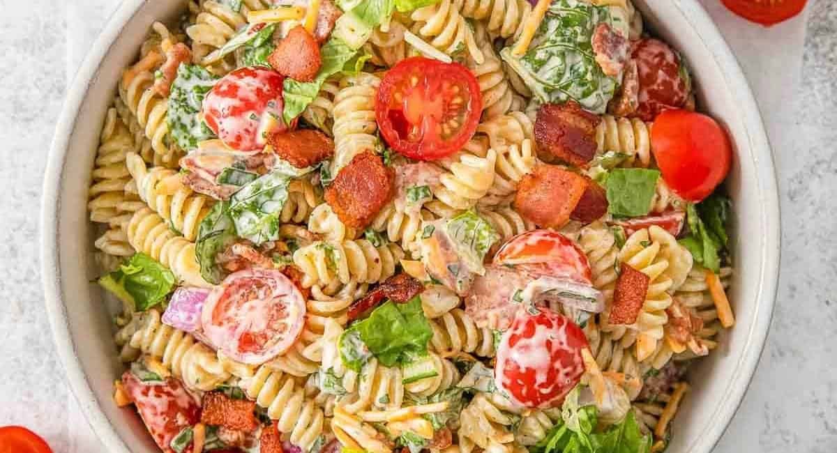Overhead image of BLT pasta salad.