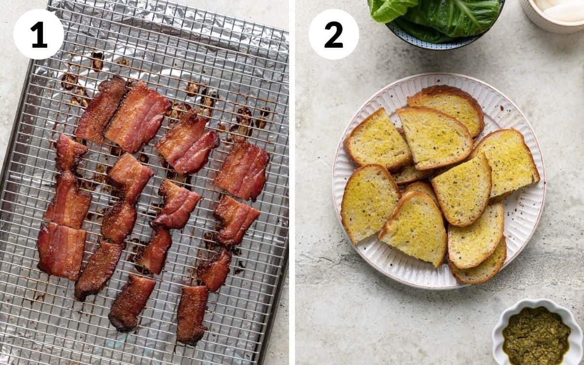 steps 1 & 2 cooked bacon on wire rack sliced into thirds bread brushed with olive oil on plate