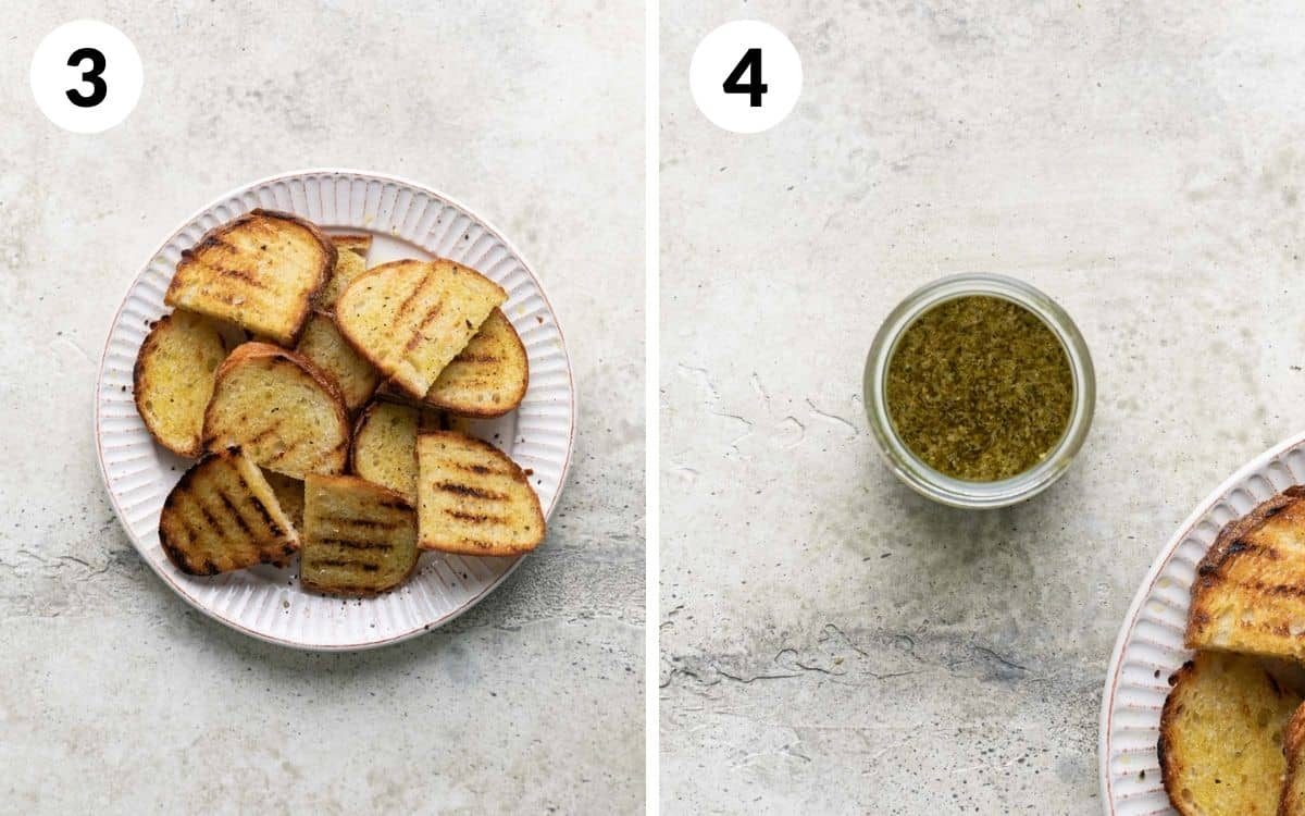 steps 3 & 4 grilled bread on plate pesto vinaigrette mixed together in jar