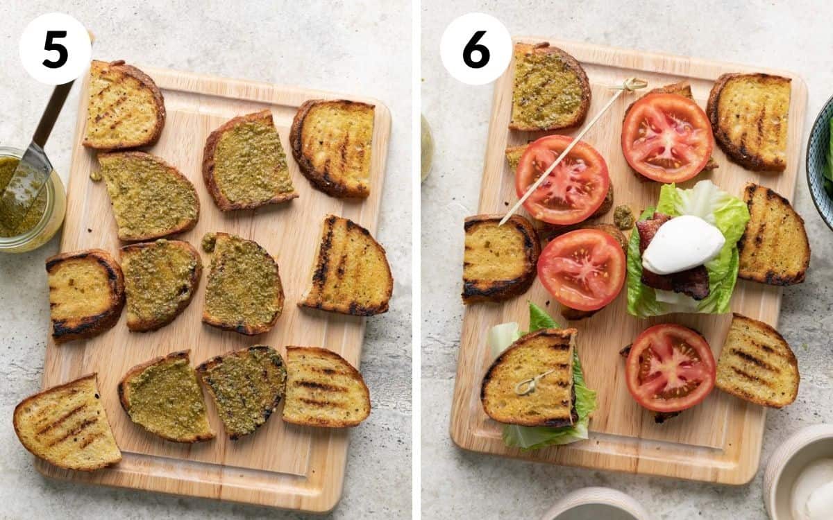 steps 5 & 6 pesto spread on bread sandwiches being assembled