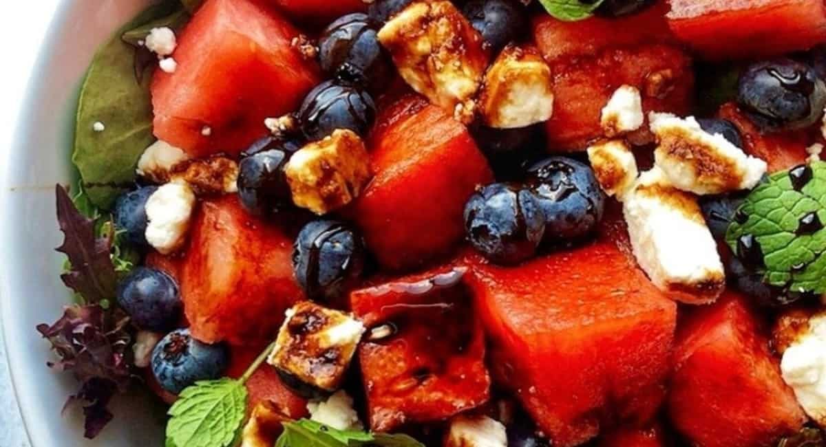 Overhead image of blueberry watermelon feta salad.