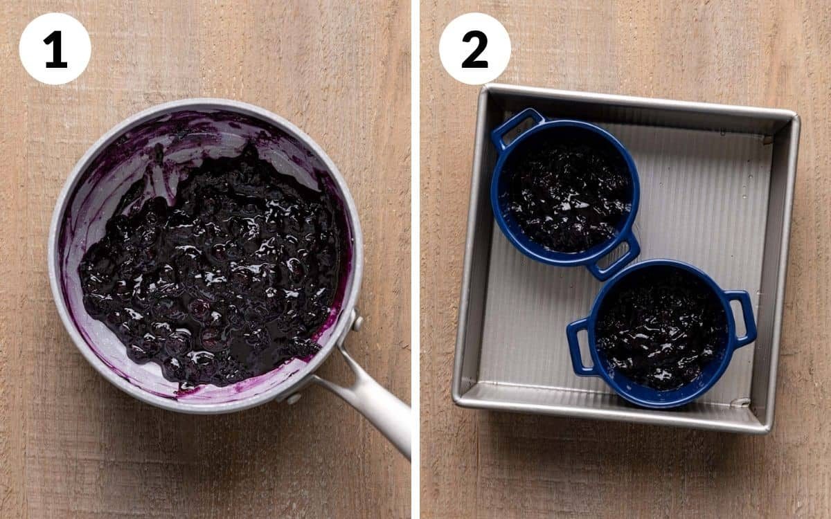 steps 1 & 2 blueberry sauce in pan ramekins filled with blueberry in pan