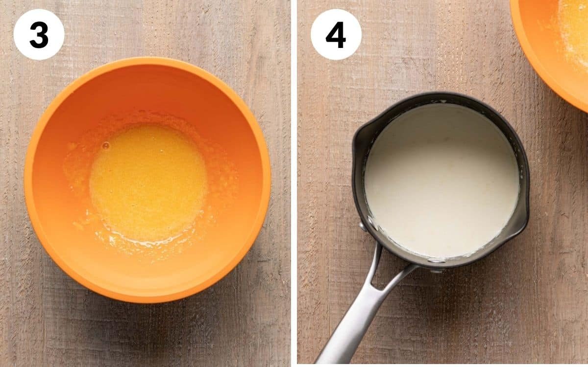 steps 3 & 4 egg yolks and sugar mixed together hot cream in pan