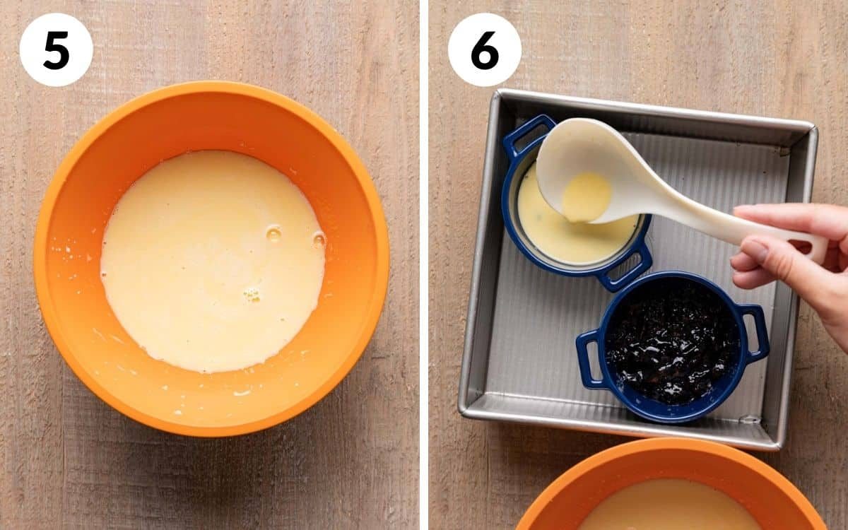 steps 5 & 6 custard in bowl ladling custard into ramekins