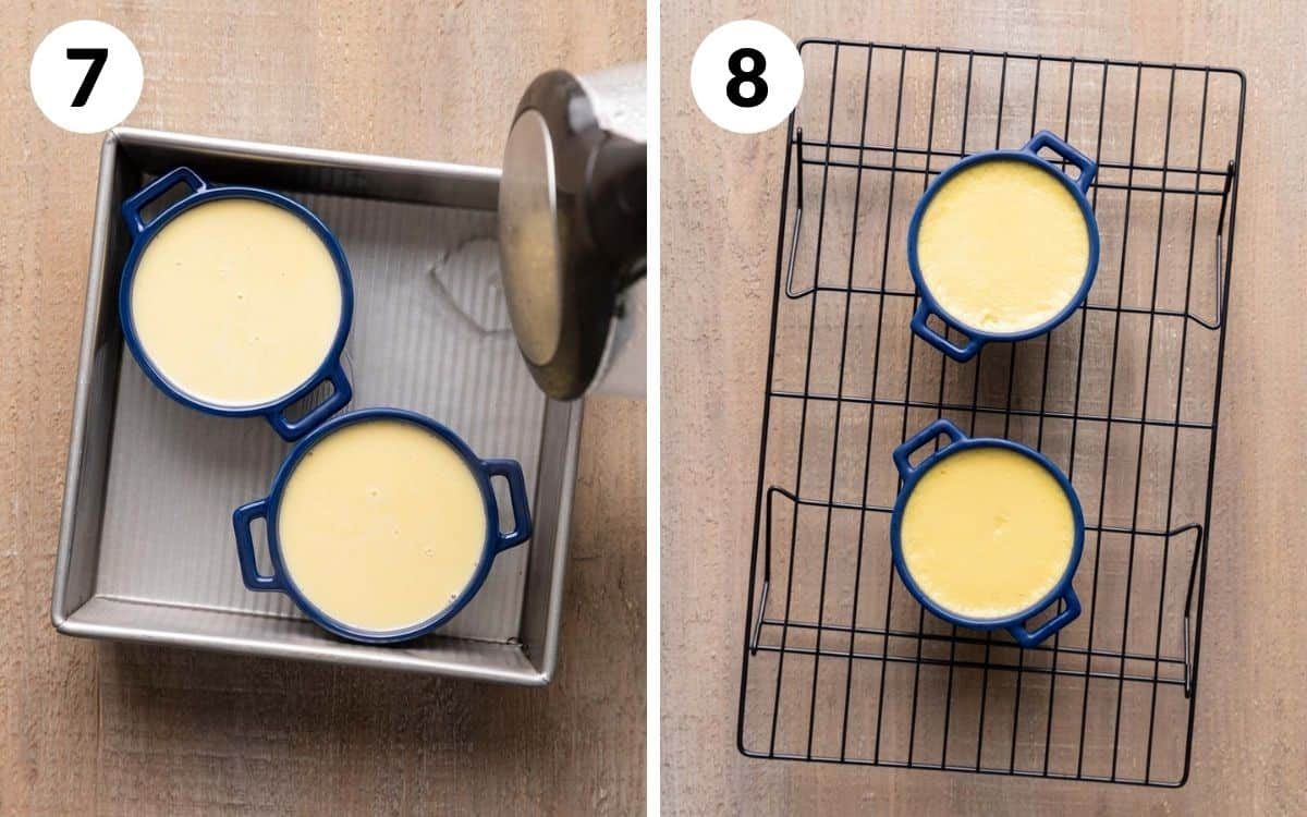 steps 7 & 8 watering being poured in pan creme brûlées cooling on wire rack
