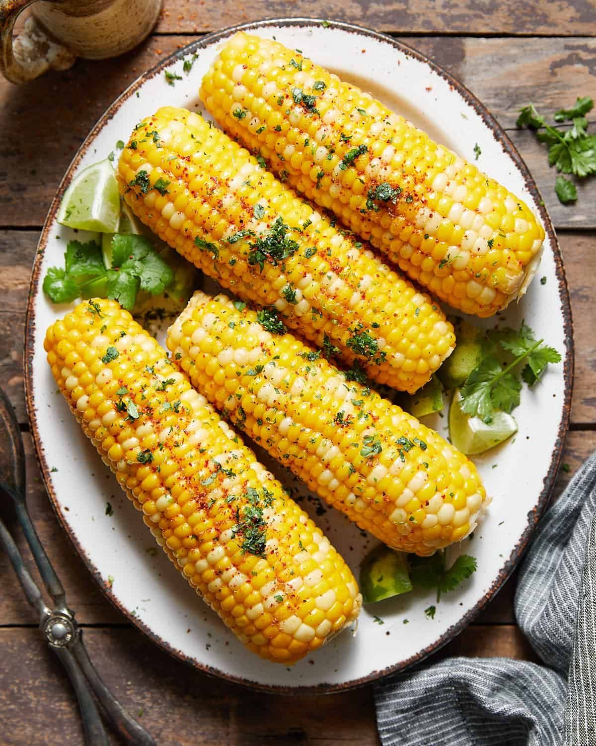 Overhead image of chili lime corn on the cob.