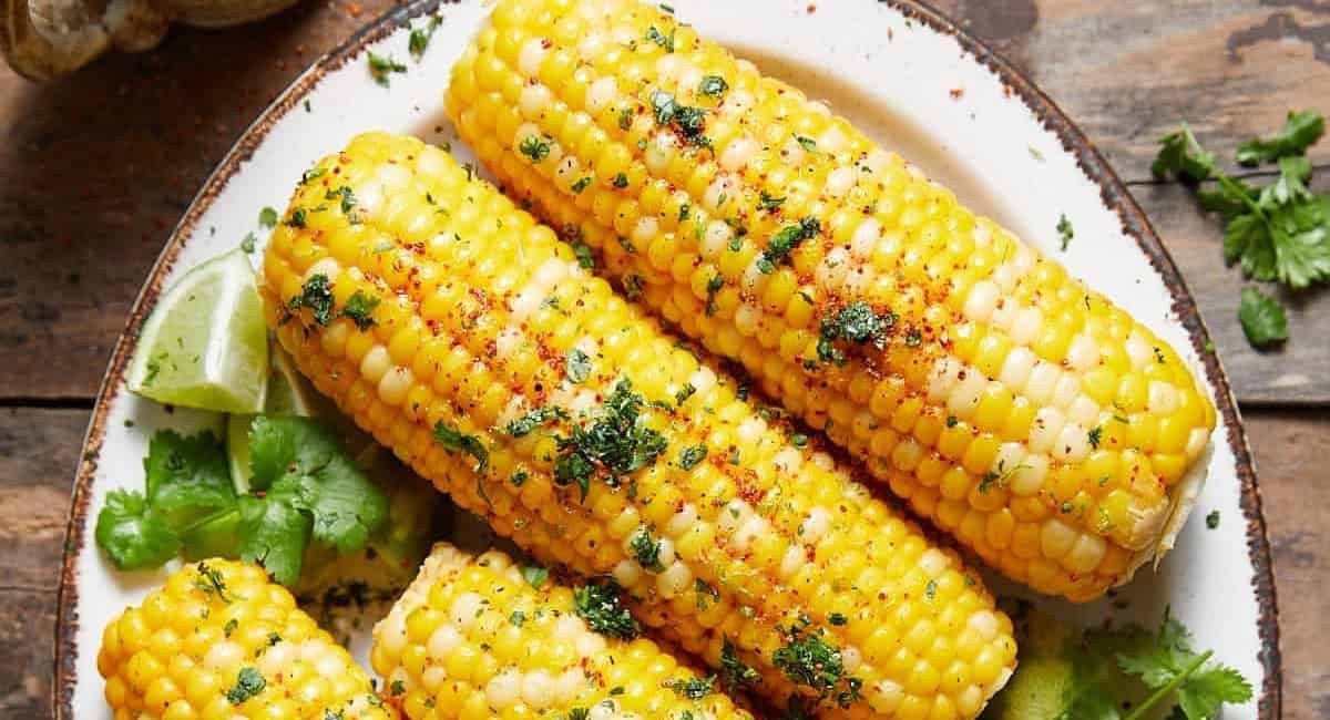 Overhead image of chili lime corn on the cob.