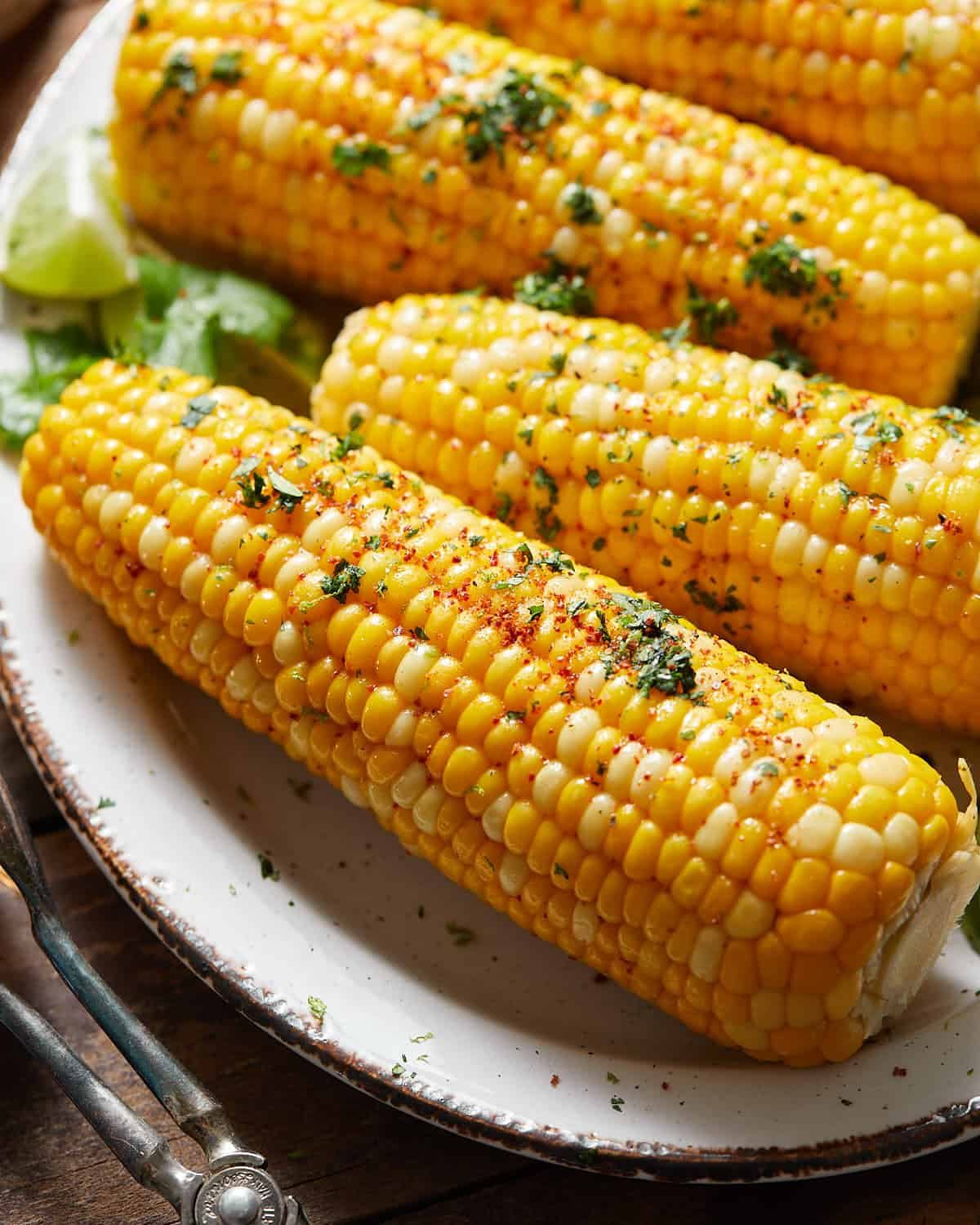 Up close image of chili lime corn on the cob.