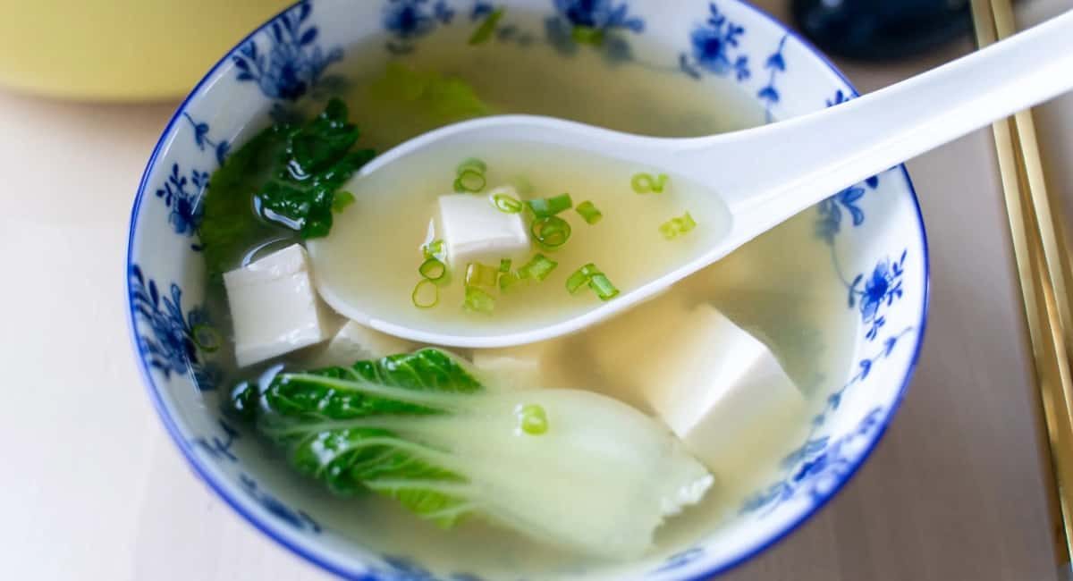 Overhead image of Bok Choy miso soup.
