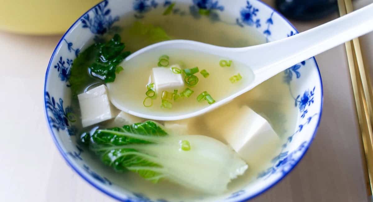Overhead image of bok choy miso soup.