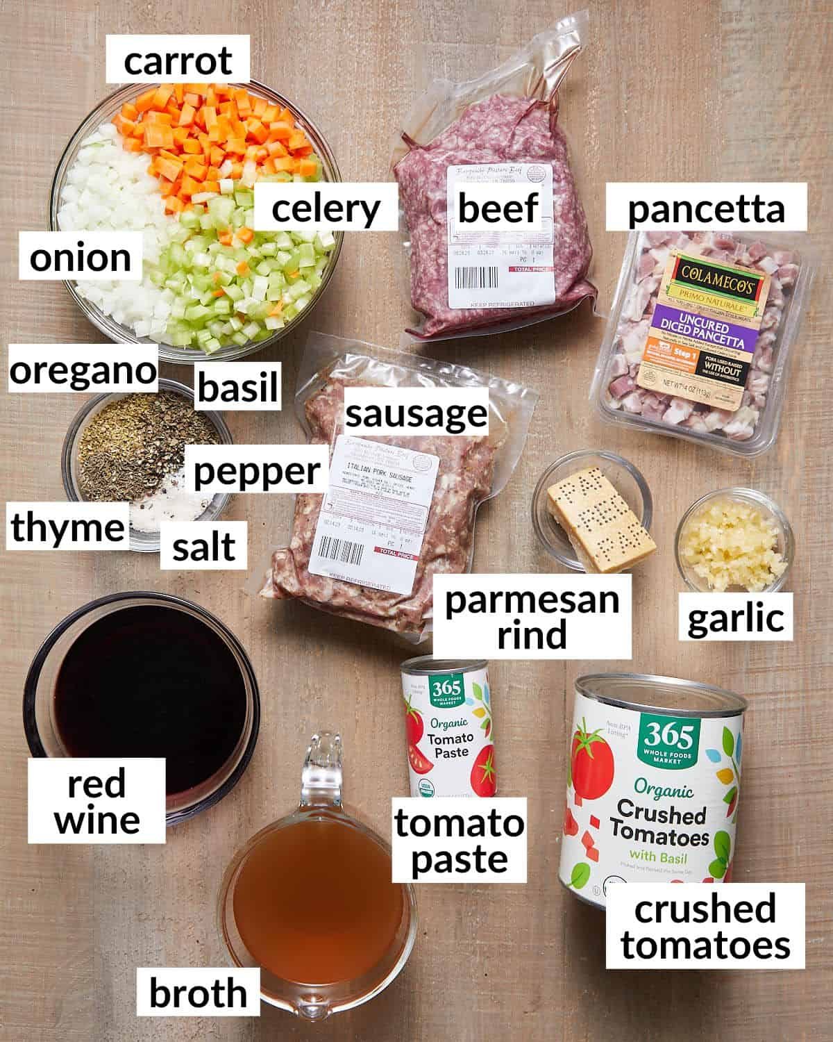 Overhead image of bolognese ingredients.