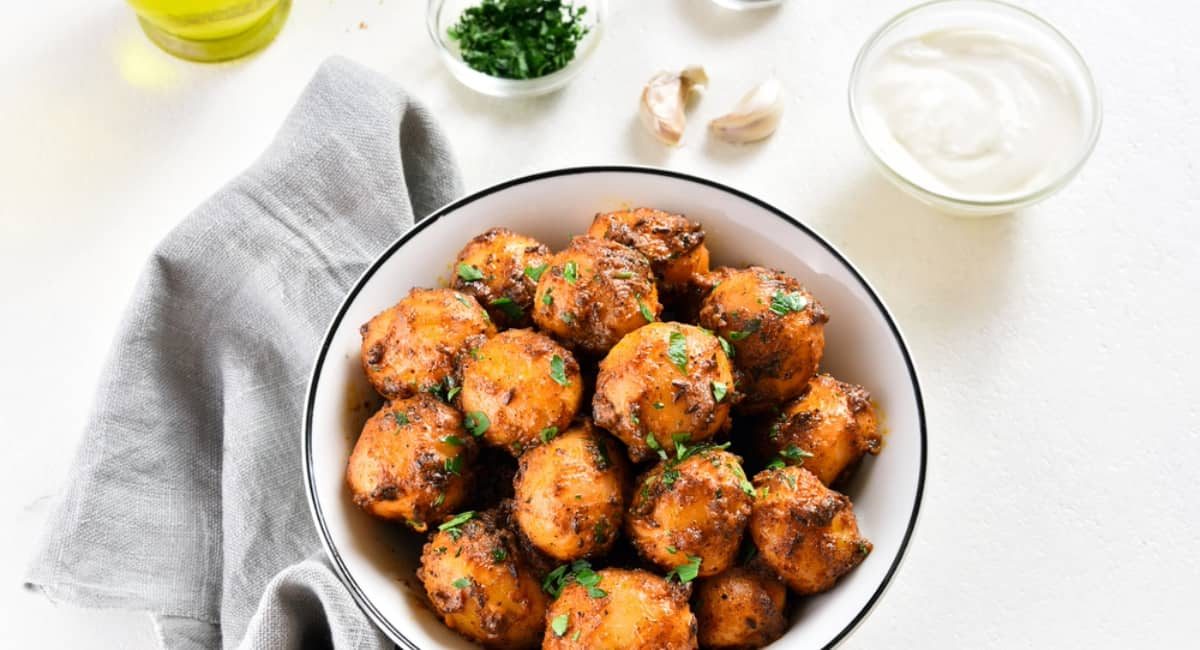 Overhead image of bombay potatoes.