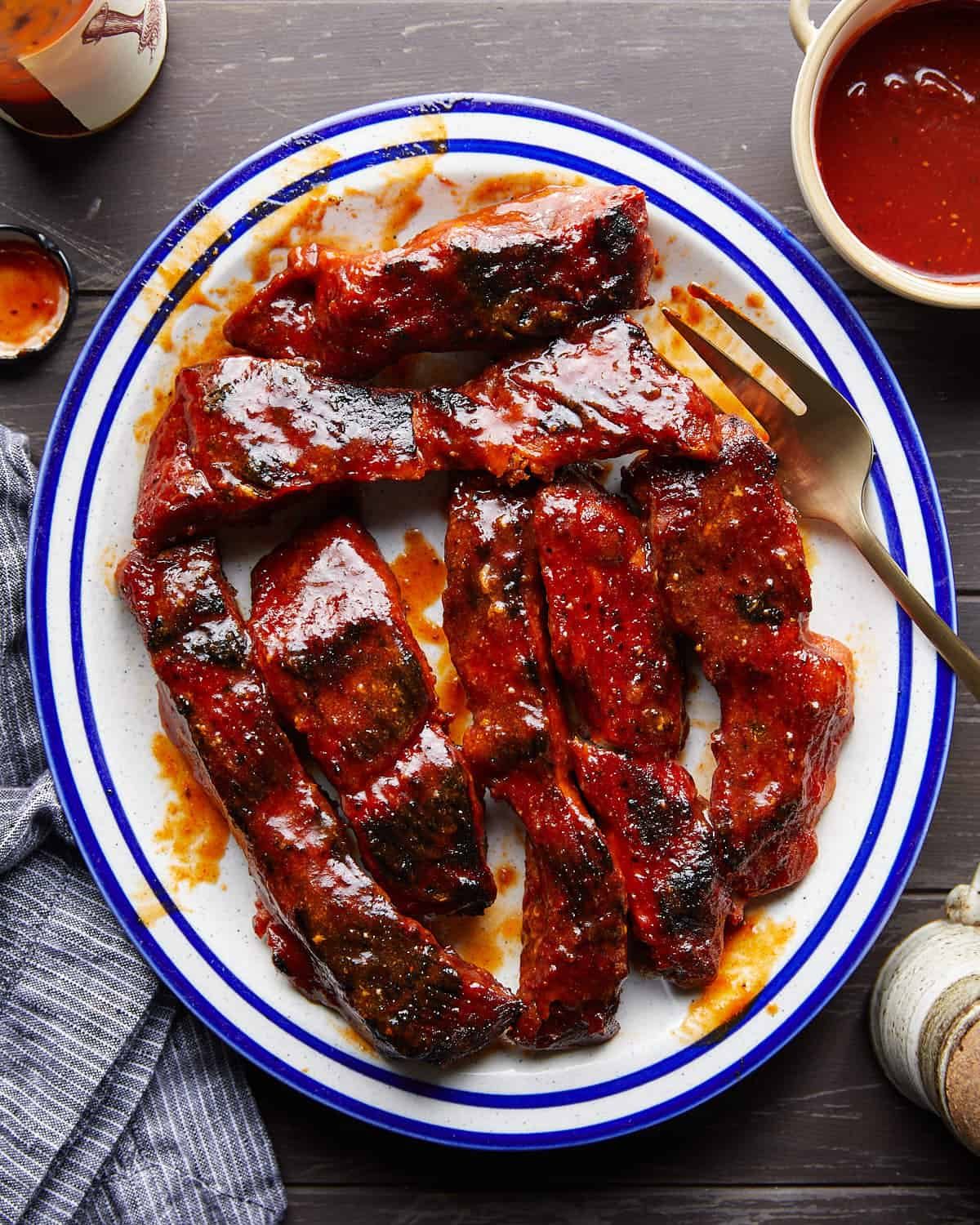 Overhead image of boneless pork ribs in the oven recipe.