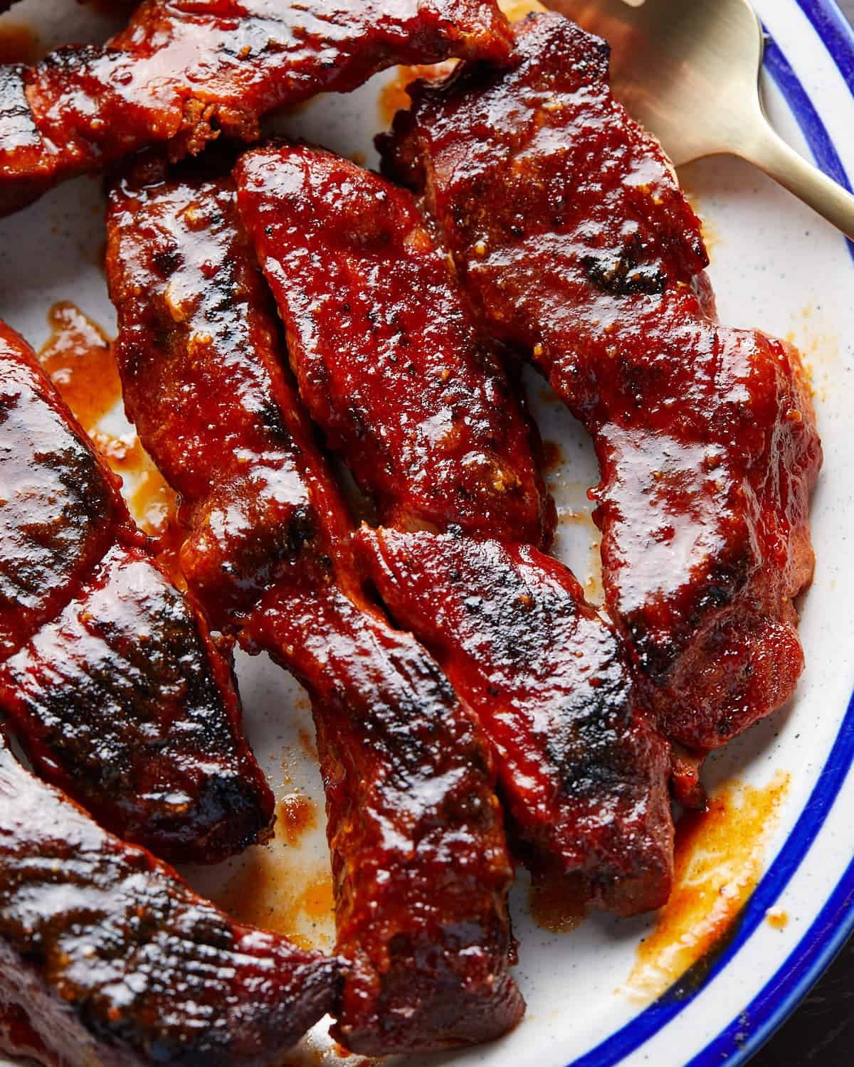Up close image of boneless pork ribs in the oven recipe.