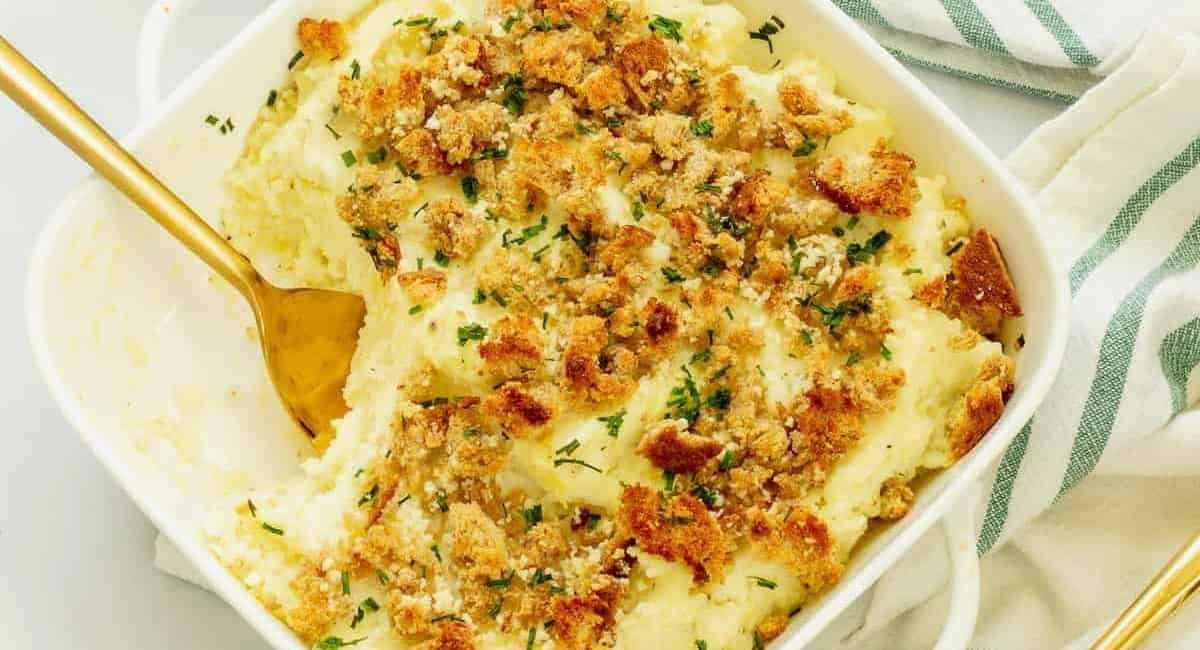 Overhead image of boursin mashed potatoes.