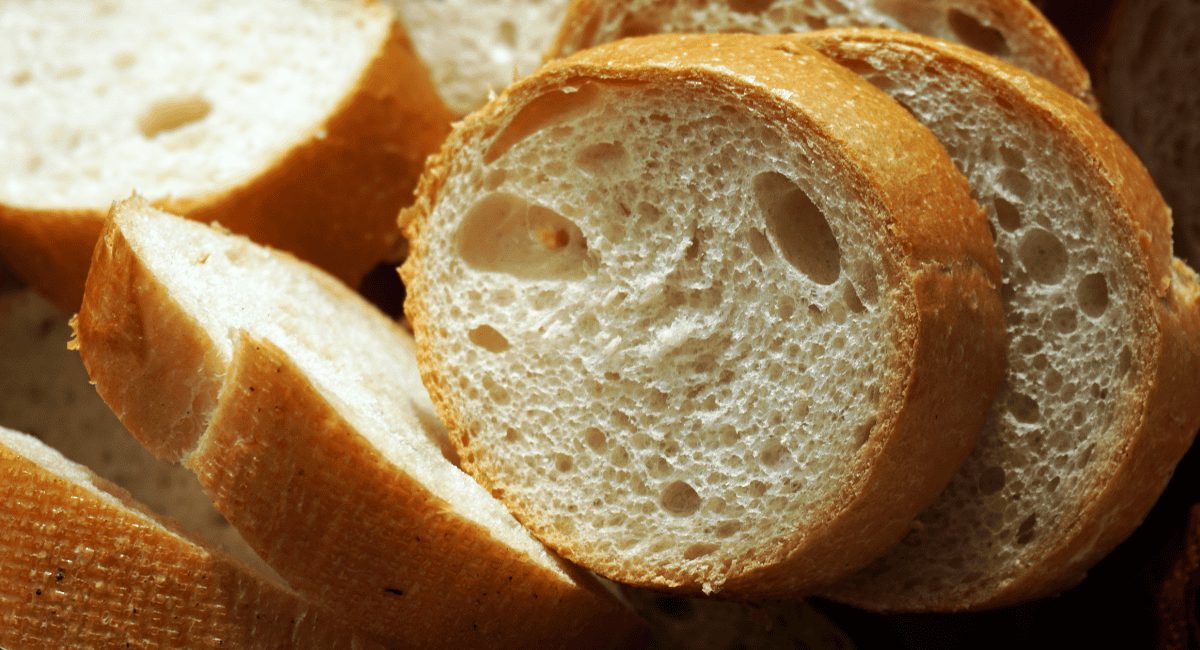 Up close photo of baguette slices.