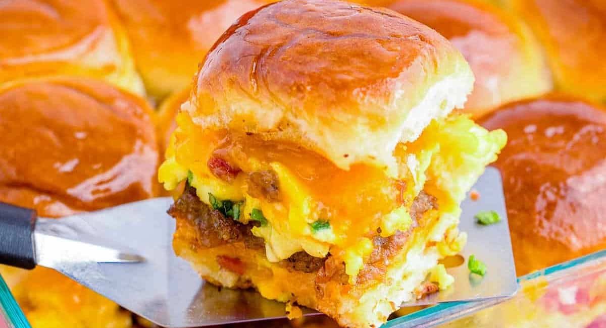 Up close image of breakfast sliders.