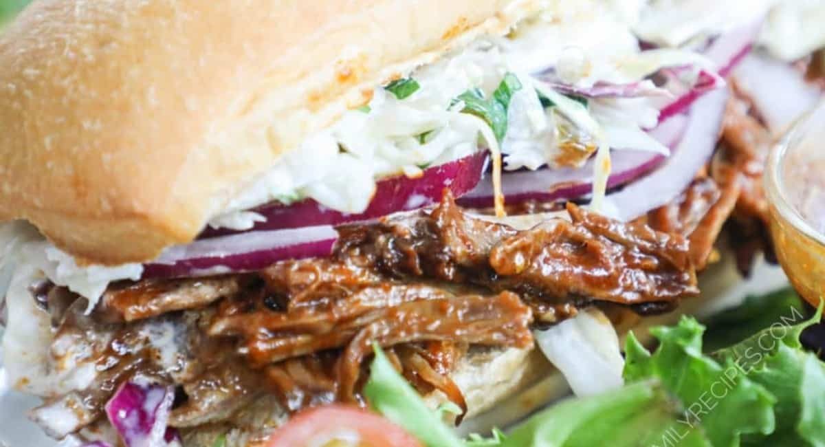 Up close image of leftover brisket sandwich with jalapeno slaw.